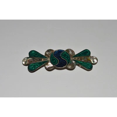 Vintage Abalone Inlay Hair Barrette, Silver Tone Hair Clip, Ponytail Clip - Image 1 of 4