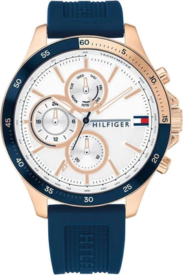 Reloj Tommy Hilfiger 1791778 para hombre caja dorada correa de silicona azul esfera blanca 46 mm Foto 1 de 4