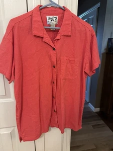 Big Dogs coral pink cotton short-sleeve button-down shirt L Linen Rayon Blend - Picture 1 of 5