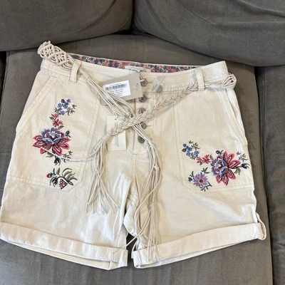 Sundance Embroidered Shorts 6 Boho Button Fly Wildflowers Braid Belt $98 NWT - Image 1 of 4