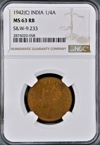 British India 1942(C) 1/4 Anna NGC MS 63 RB Certified - Picture 1 of 2