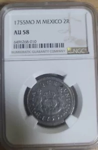 1755MO M Rare silver Coin Mexico 2Reales NGC AU 58 - Picture 1 of 4