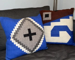 Set Of 2 Turkish Wool Hand Woven Handmade Throw Pillows Aztec Boho Chic 15x13 - Picture 1 of 8