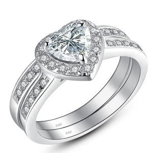 Juego de anillos de compromiso de boda de plata esterlina con corazón de circonita cúbica para mujer - joyería nupcial - Imagen 1 de 9