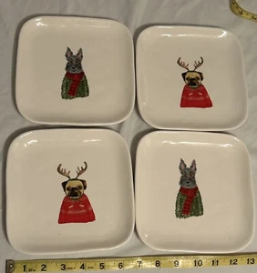 4 RAE DUNN Magenta Christmas Dog Dessert Appetizer Plates Pug Reindeer Schnauzer - Picture 1 of 4