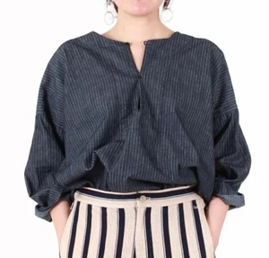 Blusa Pullover 45R/45rpm Algodón Rayas Nogal Teñida Índigo Excelente Estado - Imagen 1 de 9