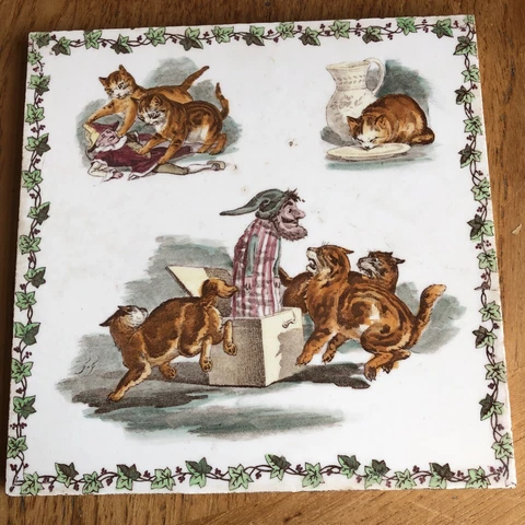 Antique Montereau Tile  Trivet/ Cats / Jack in the box. Rare/Collectable Cover