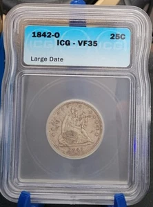 1842 O  Seated Liberty Quarter  Large Date - VF35  ICG - Picture 1 of 2