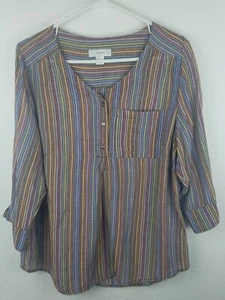 CJ Banks Womens Tunic Top SZX 14 Muted Blue Pink Stripes 3/4 Sleeves Casual A25 - Picture 1 of 4
