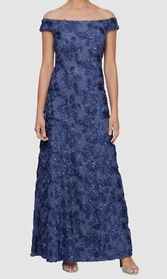 Alex Evenings 女式蓝色玫瑰亮片蕾丝露肩连衣裙 10 码 — 第 1/3 张图片