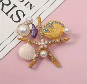 Anthropologie Pin Starfish Seashell Brooch Pearl Enamel Sea Star Coral CZ Shell - Picture 1 of 4
