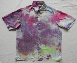 Tie Dye Pink Purple Short Sleeve Button Up Shirt - Medium Mens Hand Made Rayon - Picture 1 of 6