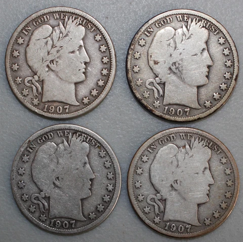 1907 P D O S Silver Barber Half Dollars 50c US Type Coins Circulated Year Set #4 Cover