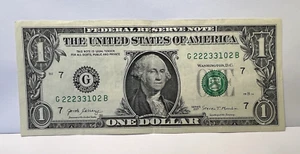 $1 Bill Fancy Serial Note One Dollar G 22233102 B - Afbeelding 1 van 4