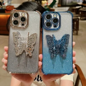 Glitter For iPhone 15 14 13 12 11 Pro Max Butterfly Bracket TPU Phone Case Cover - Picture 1 of 18