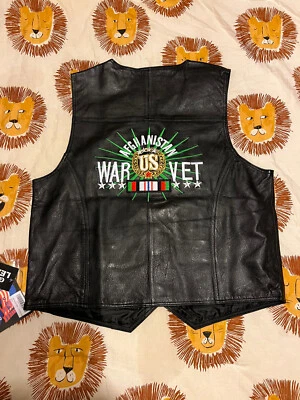VNTG 美国战争 VET 阿富汗刺绣摩托车皮革背心按扣 L — 第 1/4 张图片