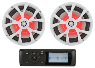 MB Quart MDR2.0 1-Din Marine/Boat Bluetooth Receiver+(2) 8" White LED Speakers - Image 1 of 4