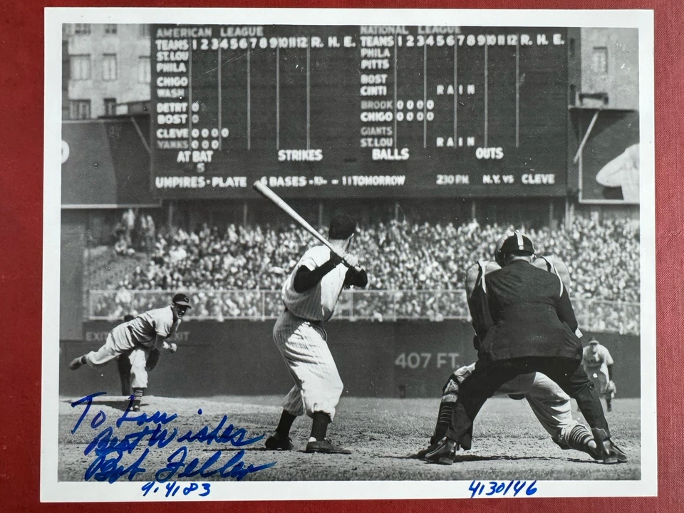 BOB FELLER *autographed glossy photo * HOF * Pitching To DiMaggio 1946 - Image 1 of 1