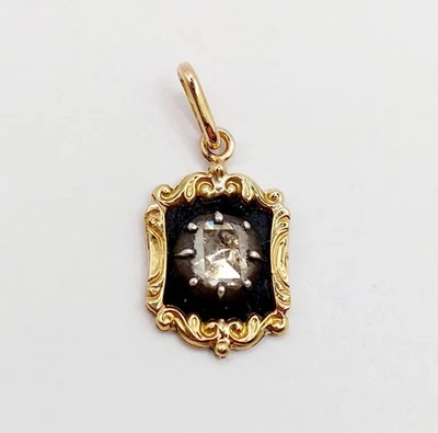 Pendentif victorien or 18k et argent diamant table 5mm (circa 1850) - Photo 1/4