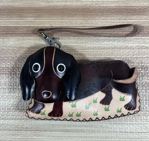Monedero de cuero genuino marrón y negro para perro llavero cierre de cremallera hecho a mano - Imagen 1 de 4