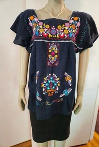 VTG MEXICAN OAXACAN EMBROIDERED PEASANT BLOUSE Top M L hippie boho festival - Picture 1 of 4