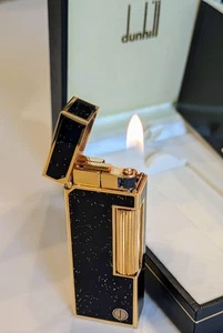 Dunhill Gas Feuerzeug Schwarz Gold Glitzer D Logo mit Etui getestet Sammlerstück Vintage - Bild 1 von 10