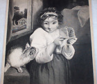Girl Cat and Mouse  1800s Antique Engraving from painting by Sir Joshua Reynolds