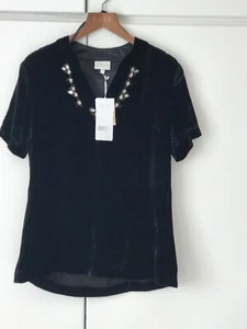 EAST SILK VELVET DIAMANTE BLACK PARTY TOP BLOUSE SHIRT UK SIZE XS SMALL 8-10 - Picture 1 of 12