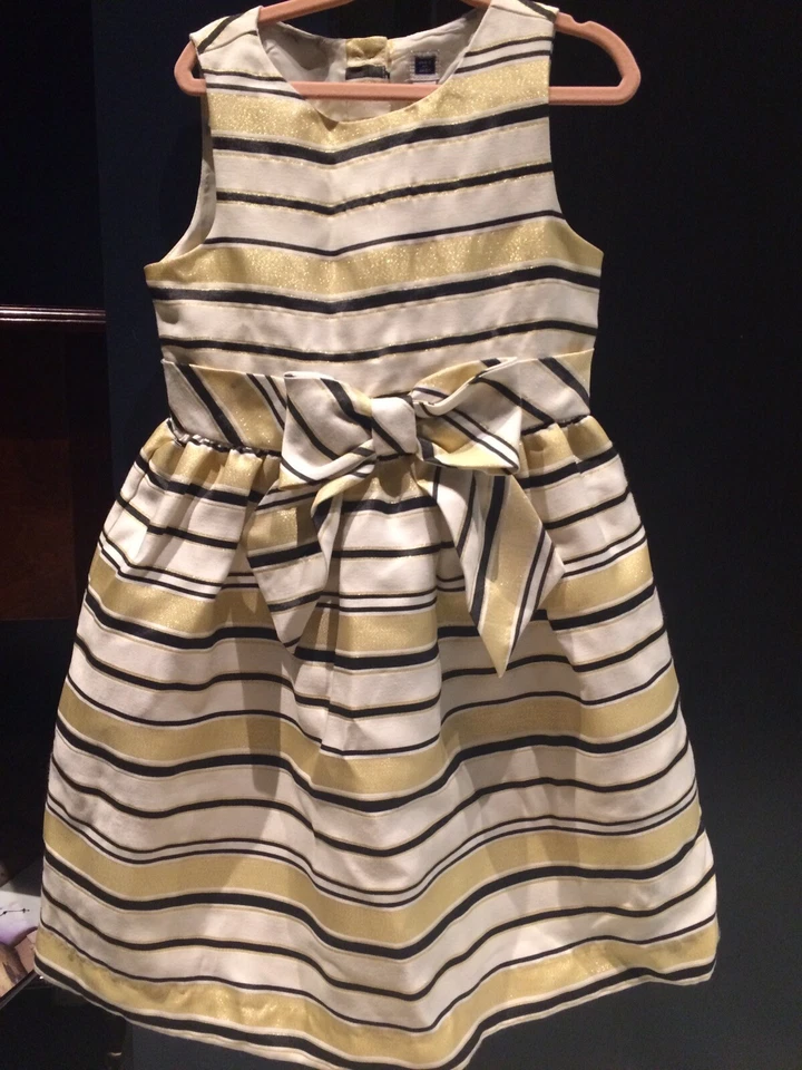 Nuevo Vestido de Vacaciones Janie And Jack Niñas Seda Talla 5 Dorado Negro Marfil Rayas $185 Foto 1 de 1