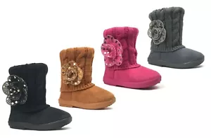 Neu Kinder Stiefel Kleinkind Mädchen niedliche Pailletten Blume Fell Wildleder Strickschuhe - 2263 - Bild 1 von 10