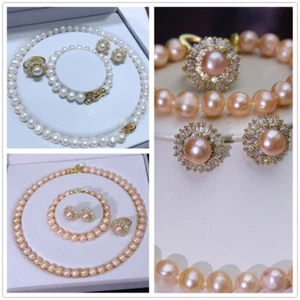 8-9mm Natural Pink Freshwater Pearl Beads Necklace+Bracelet+Ring+Earring Set 18" - Picture 1 of 7