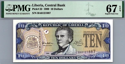 Liberia 10 Dollars 1999 PMG 67 EPQ SUPERB GEM UNC Pick # 22 - Image 1 of 3