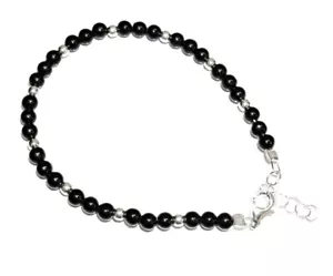 Bracelet Of Onyx 4 MM and Silver Sterling 925. New Estuche. 16,5 To 18,5 CM - Picture 1 of 4