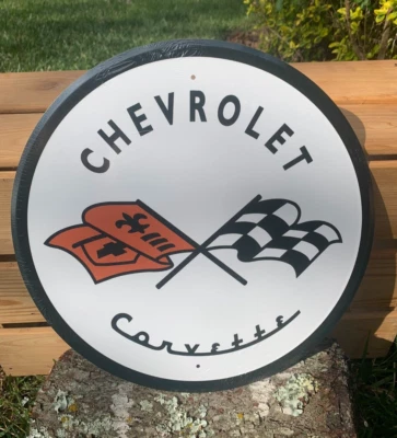 Vintage Chevy Corvette 1953 Logo Tin Metal Sign Retro Checkered Racing Flags - Image 1 of 3