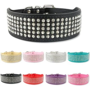 Rhinestone PU Leather Dog Collars 5 Row Diamante Bling for Large Dogs 5cm wide - Picture 1 of 14