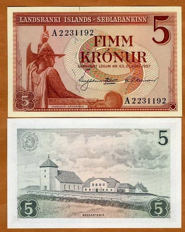Iceland, 5 Kronur, L. 1957, P-37a, UNC Ingolfur Arnarson, a Norwegian Viking Cover