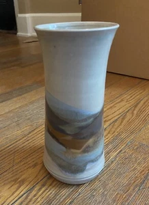Hand Thrown Stoneware Pottery Vase Mountain Landscape Blues Greens Artist Signed - Picture 1 of 9