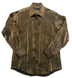 Diamante Collection Gold Tone Shiny Metallic Rock Star l/s Shirt Mens 16 32/33 - Picture 1 of 5