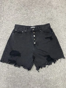 Forever 21 Black High Rise Distressed Denim Shorts Size 30 Frayed Hem Button Fly - Picture 1 of 12