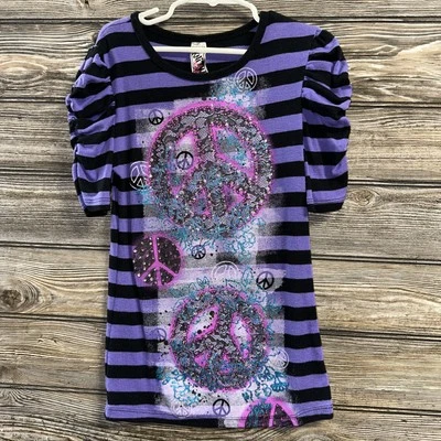 Knitworks Girls M 10–12 purple black striped short ruched sleeve sweater peace - Image 1 of 4