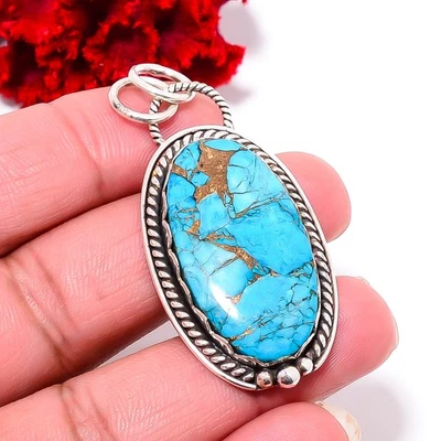 Colgante de plata de ley 925 hecho a mano de diseñador turquesa azul cobre 2,07 P99824 Foto 1 de 4