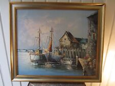 Gemälde mit Fischerbooten vor Küstenlandschaft