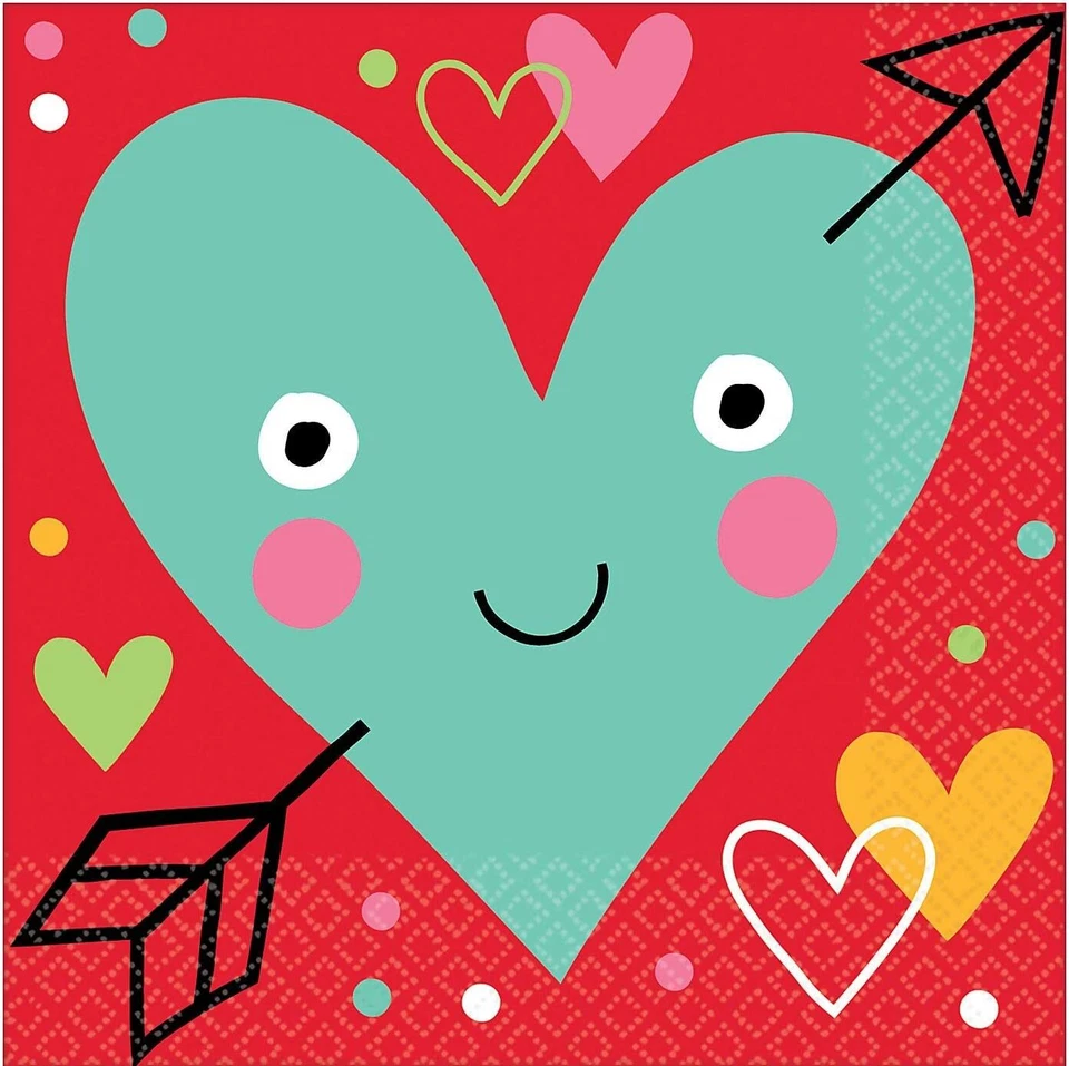 I Heart Face You Cartoon Cute Valentine's Day Party Bulk Paper Beverage Napkins - Image 1 of 1