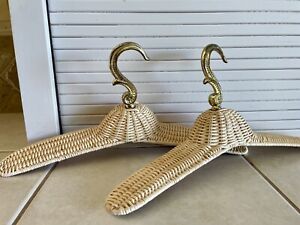 2 Vintage Woven Wicker & Brass Clothes Hangers for Display Prop Boho Cottagecore