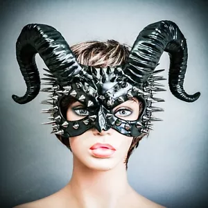Hochglanzschwarze Spikes Dämon Teufel verdrehte Hörner Halloween Maskerade Party Maske - Bild 1 von 7