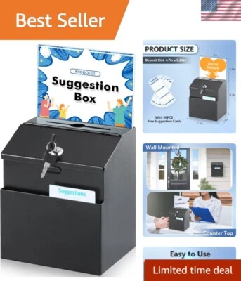Compact Locking Suggestion Box with Wide Slot and 50 Free Cards - Black Finish - Image 1 of 4