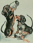 Aceo  Drinking Dachshunds Dog Pet Art Signed Print Of Painting,Pet Lover Gift