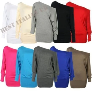 WOMEN'S BATWING BAGGY TOP JUMPER JERSEY LADIES LONG SLEEVE OFF SHOULDER TOP SIZE - Picture 1 of 29
