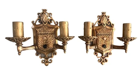 Rare Vintage Tudor Revival Art Deco Solid Bronze Copper-Tone 2-Arm Wall Sconces Cover