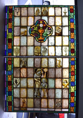 Church Stained Glass Window, "The Annunciation", Chalice, Saints (R10) 62" x41"w Cover